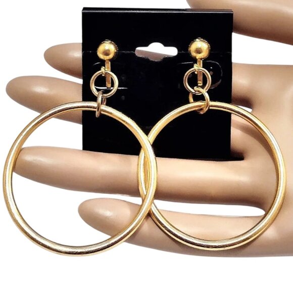 2 3/8 Inch 60mm Hoop Clip On Earrings Gold Tone - Picture 5 of 8